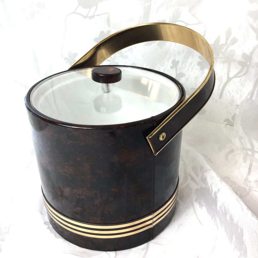 70's MCM Faux Tortoise Leather Ice Bucket Georges Briard Vintage Collectible